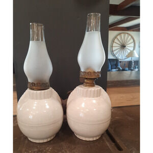 Pair of Vintage Stoneware Crock Oil Lamps (2) Farmhouse Art Deco w/ 2 Chimneys